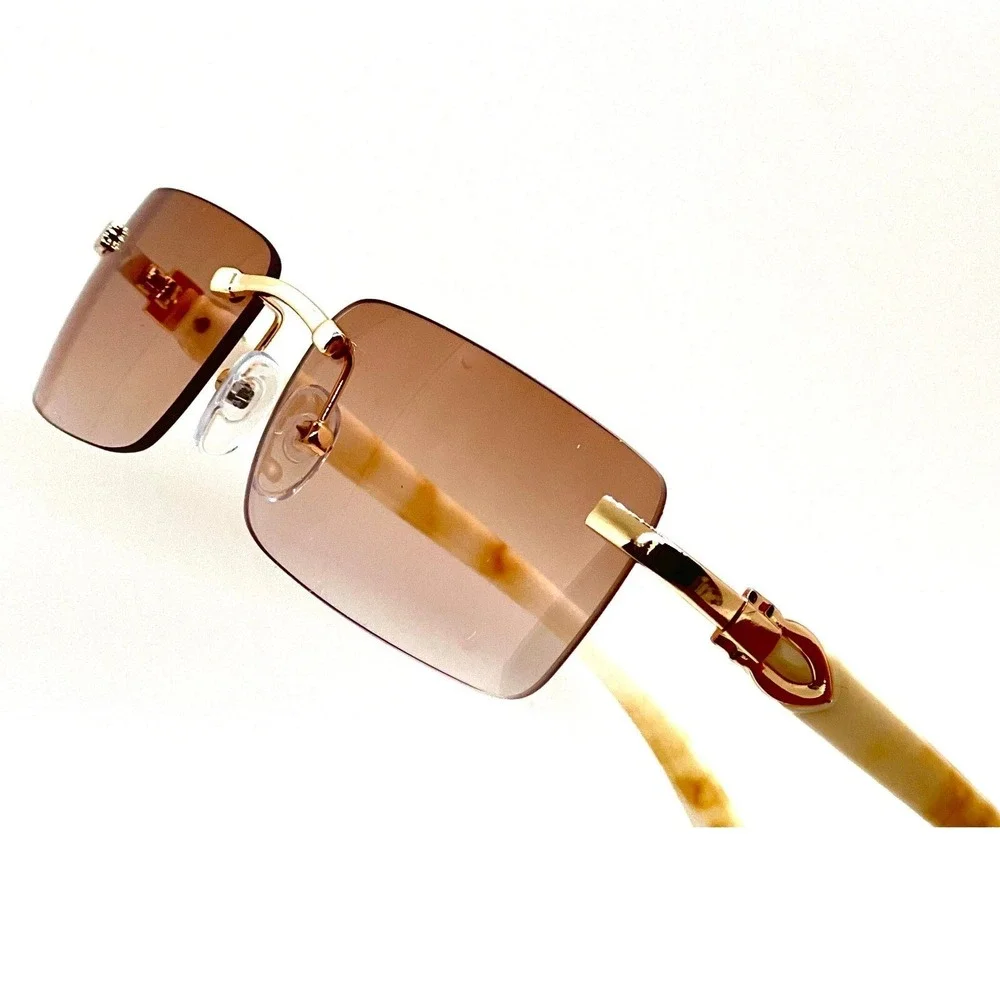 Rimless Sunglasses Rectangle Gold Frame‎ Champagne Lens Fashion Men Small Retro